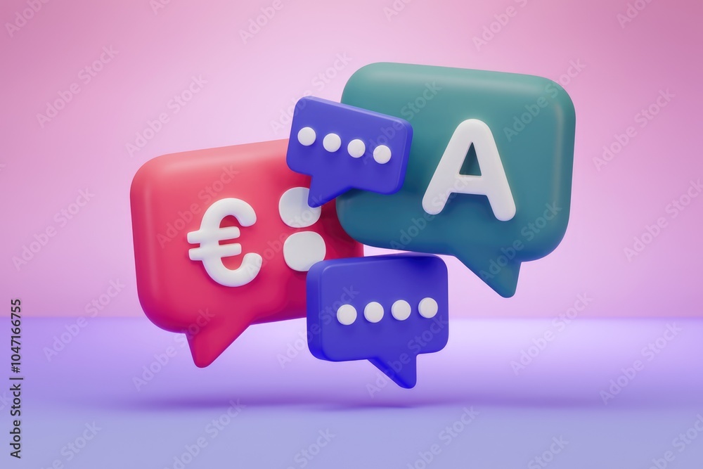Poster Communication  language  and currency symbols in chat bubbles.