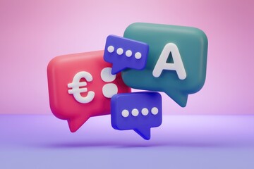 Communication  language  and currency symbols in chat bubbles.