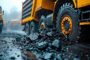 A Yellow Dump Truck Spills Gravel on Wet Pavement