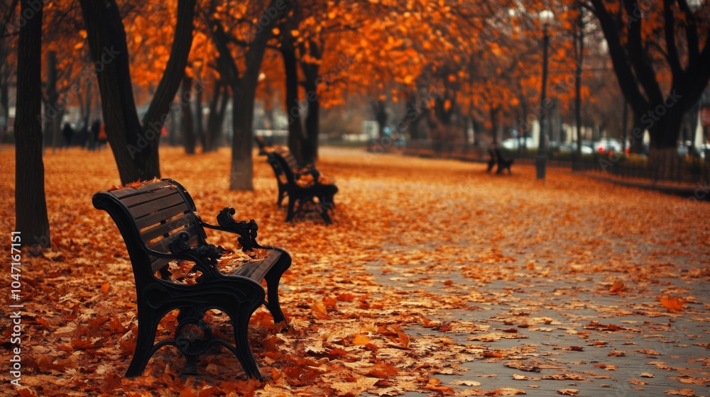 Poster Empty Bench in a Park Covered in Autumn Leaves