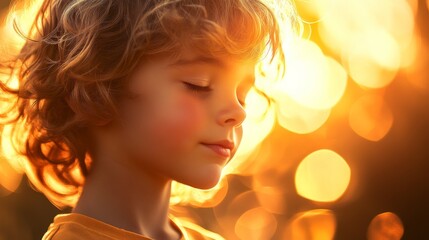 Fototapeta premium Child with Closed Eyes Bathed in Golden Sunlight