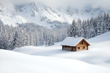 A cozy wooden cabin nestled in a snowy landscape, surrounded by tall evergreen trees and majestic mountains under a cloudy sky.