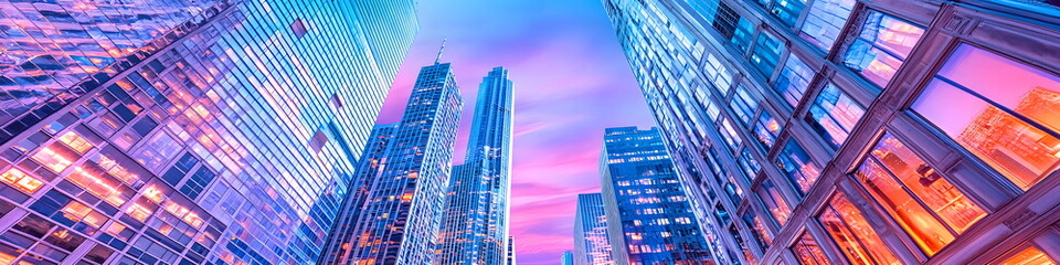 Fototapeta premium Manhattan Skyline at Sunset: A breathtaking view of the iconic Manhattan skyline at sunset, showcasing the vibrant city lights and the majestic skyscrapers against a colorful sky.