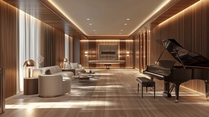 A spacious, luxurious music practice room with sleek furniture, wooden floors, and soundproof walls, equipped with a grand piano and modern lighting.