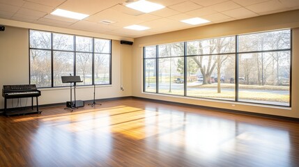 A spacious music practice room with large windows, digital instruments, and relaxing seating,...