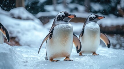 Obraz premium Penguins Waddle on Ice in a Winter Zoo Setting