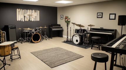 A well-equipped music practice room with modern instruments, soundproofing, and comfortable seating, creating a welcoming and inspiring atmosphere. © Intach