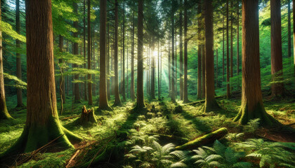 Obraz premium A dense green forest with sunlight streaming through tall trees, illuminating the forest floor and creating a peaceful, untouched natural scene.