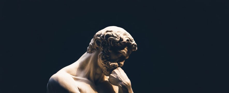 Dramatic sculpture of a pensive figure in the dark