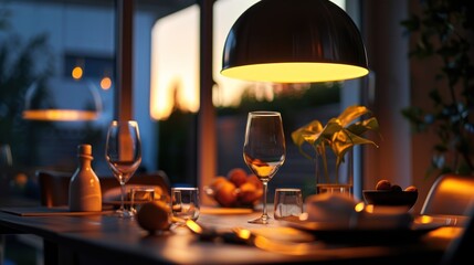A Set Table with Wine Glass and Glasses under a Pendant Light in a Warmly Lit Room