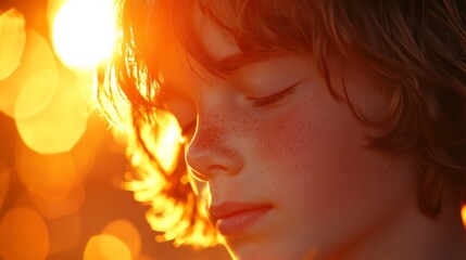 A Young Person with Freckles and Red Hair, Illuminated by the Warm Glow of the Sunset