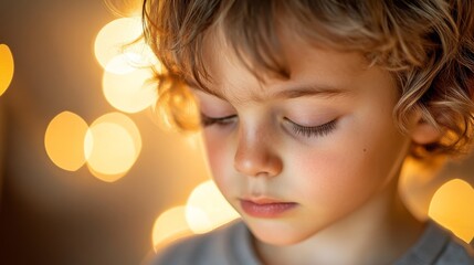 Close-up Portrait of a Young Child with Blonde Curly Hair and Golden Bokeh Lights in the Background