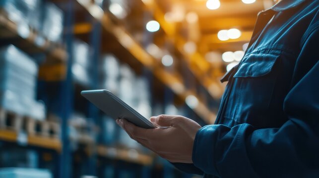 Smart Augmented Reality,AR warehouse management system.Worker hands holding tablet on blurred warehouse as background