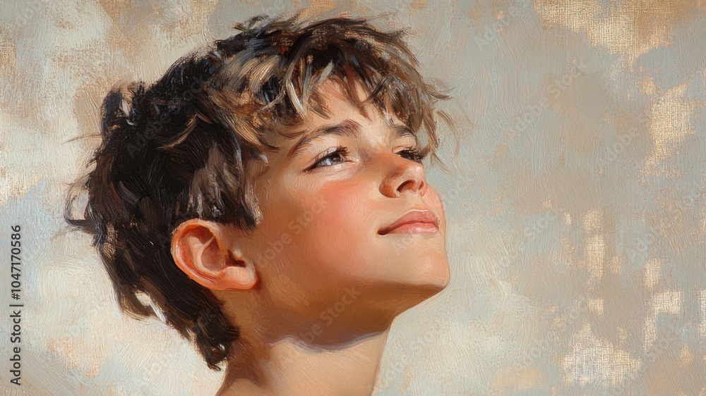 Wall mural A Close-Up Oil Painting of a Young Boy Looking Upward