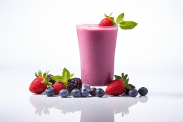 Mixed berry smoothie with strawberries, blueberries, blackberries, and mint garnish on a white background
