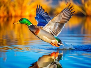 Obraz premium Stunning High Dynamic Range Image of Stockente in Flight Over Serene Water