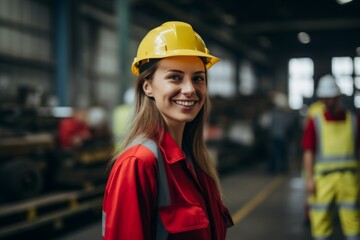 Smiling portrait of a young woman working in factory
