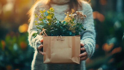Hands holding a shopping bag filled with green, ecofriendly gifts, Green Monday vibe
