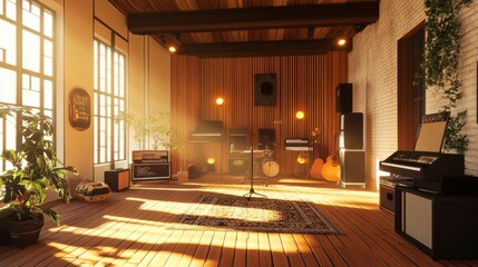Spacious music studio with warm lighting, wooden accents, and contemporary instruments, creating the perfect environment for practice.