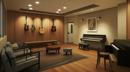 Stylish practice room with ample space, featuring guitars, a digital piano, and a cozy seating area for musicians.