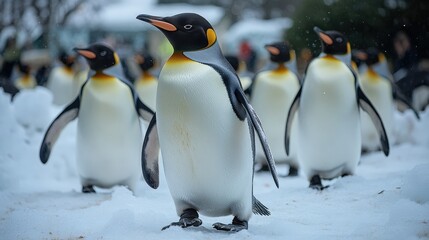 Fototapeta premium Penguins Waddle Around on Ice in the Zoo