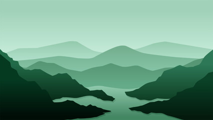 Landscape illustration of a river and mountain range