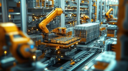 Fototapeta premium A warehouse with automated sorting systems and robotic arms, showcasing logistics and supply chain efficiency. Concept of warehouse automation and distribution.