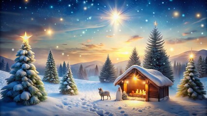 Traditional Christmas Landscape for Catholic Cards with Snowy Scenes and Nativity Elements