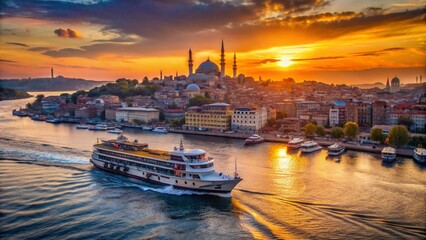 Fototapeta premium Traditional Ferry Boat on Golden Horn with Eminonu in Background - Scenic Istanbul Photography