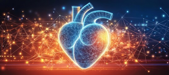 Abstract Digital Heart With Connected Dots And Triangles On Red Technology Background.