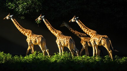 Giraffes Stretching Necks to Reach Leaves in Sunlight