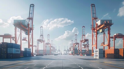 Container Ship Docked at a Busy Port with Gantry Cranes