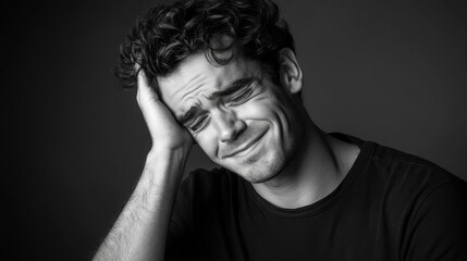A Man With Curly Hair Touching His Face While Smiling Sadly
