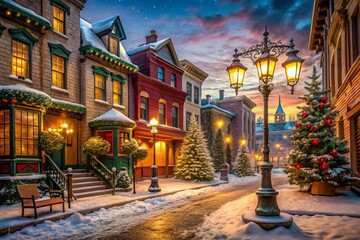 Fototapeta premium Urban Christmas Story Backdrop for Holiday Photography Featuring Vintage Architecture and Winter Decor