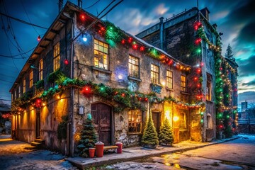 Fototapeta premium Urban Exploration Christmas Scene in 4K: Holiday Lights and Abandoned Buildings for Stunning Wallpaper