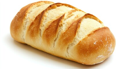A freshly baked loaf of sourdough bread, isolated on a white background.
