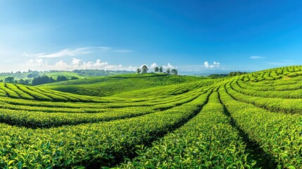 Lush Green Tea Plantation Under a Blue Sky