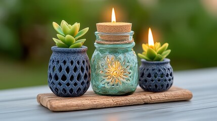 Decorative Candles with Succulents on Wooden Tray   Home Decor  Relaxation  Spa  Cozy