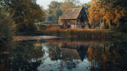 Fototapeta premium A Rustic Water Mill Reflected in a Still Pond