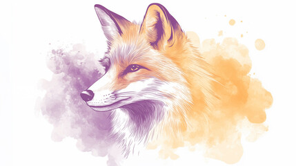 Image of a fox looking into the distance, close-up, abstract illustration in orange and purple colors