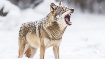 Obraz premium Fierce wolf howling in snowy winter landscape