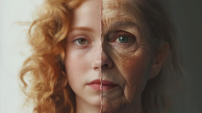 immagine di una donna americana divisa in due. Un lato del suo viso &Atilde;&uml; una versione di lei come adolescente di 18 anni, mentre l'altro lato &Atilde;&uml; una versione adulta di lei come donna di 70 anni
