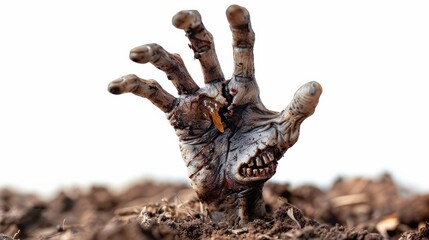 Obraz premium Isolated zombie hand reaching up from the ground on a white background