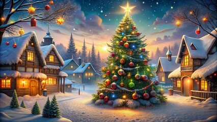 Obraz premium Vintage Cartoon Tree Christmas Scene with Whimsical Decorations and Warm Holiday Atmosphere