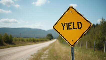 Caution sign YIELD at gravel road highway junction