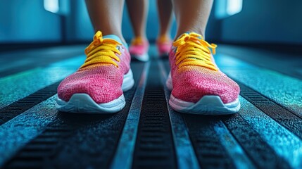 Two individuals with stylish, vibrant sneakers are running on a treadmill in a well-lit gym, emphasizing exercise and health