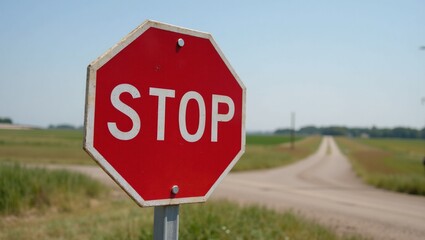Vibrant red STOP sign at rural intersection with dirt road