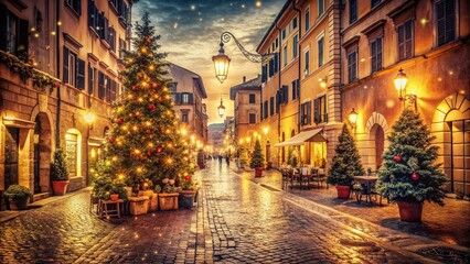 Obraz premium Vintage Christmas in Rome: Festive Lights and Historic Architecture Captured in Timeless Style