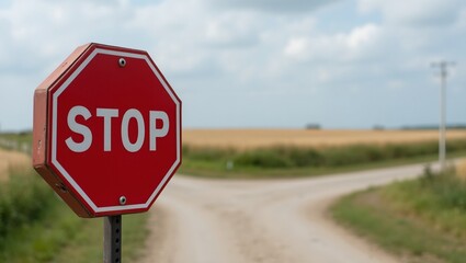 Vibrant red STOP sign at rural intersection with dirt road