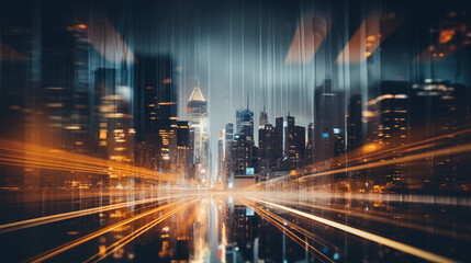 Fototapeta premium Cityscape with Light Trails at Night Through Window